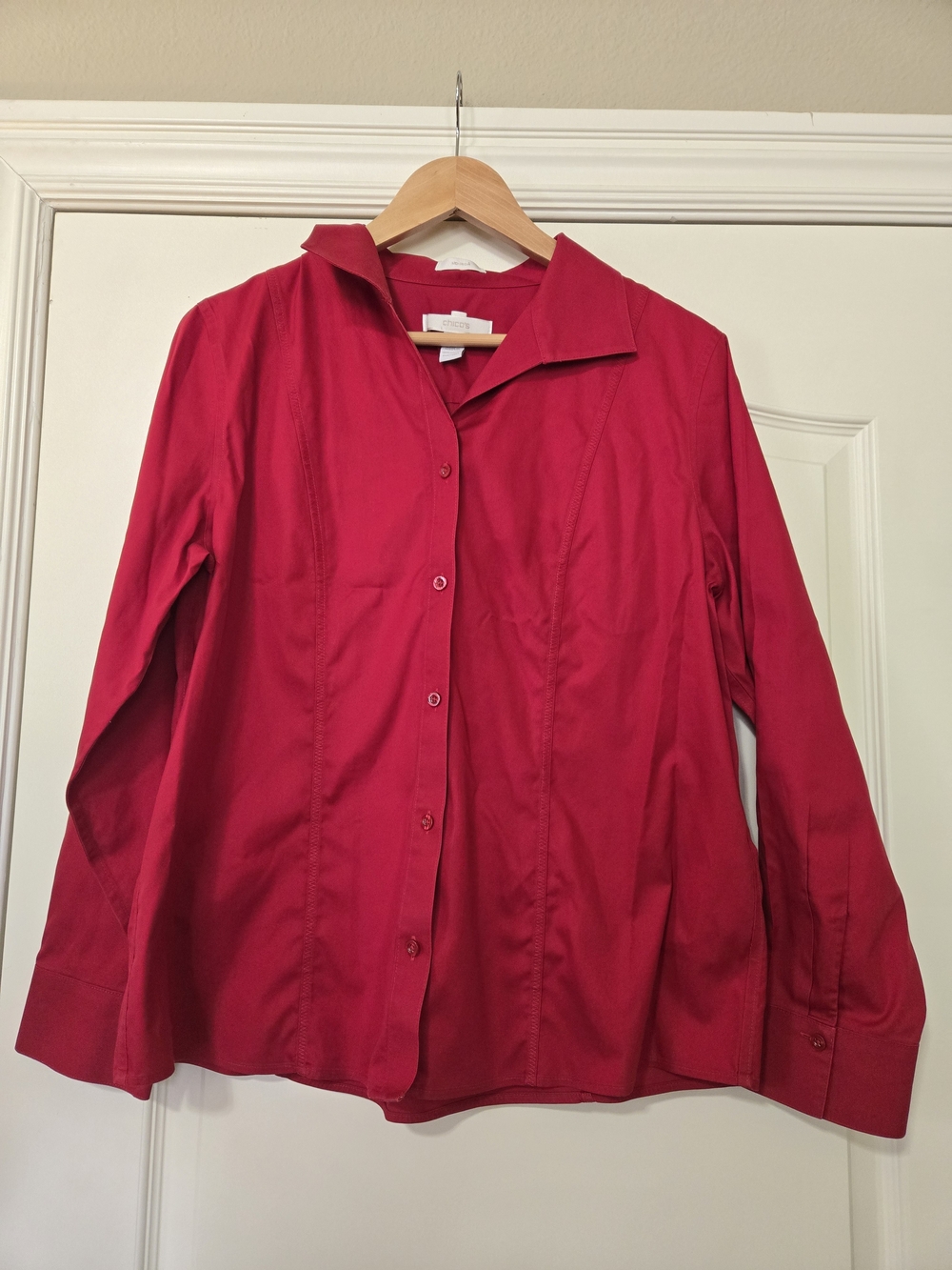 Chico's Bright Red Button-Down Collared Shirt Festive Layering Business Casual